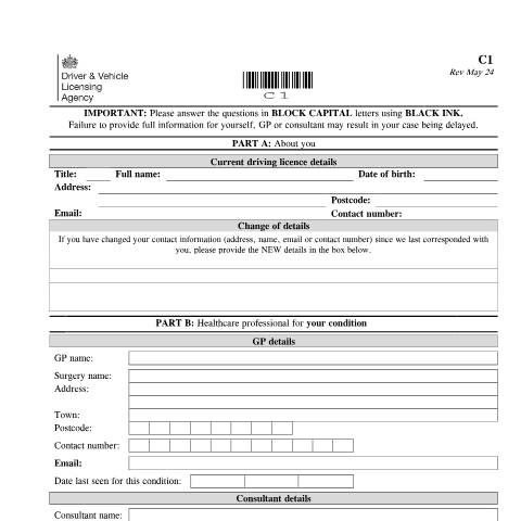 Document preview: Report your medical condition (form C1) — Driver and Vehicle Licensing Agency, United Kingdom