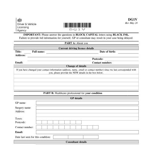Document preview: Report your medical condition (form DG1V) — Driver and Vehicle Licensing Agency, United Kingdom
