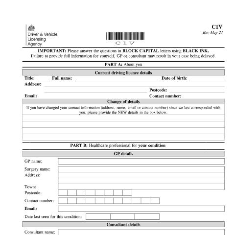 Document preview: Report your medical condition (form C1V) — Driver and Vehicle Licensing Agency, United Kingdom