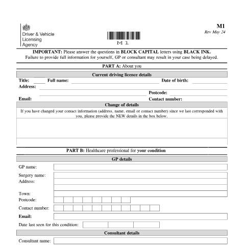 Document preview: Report your medical condition (form M1) — Driver and Vehicle Licensing Agency, United Kingdom