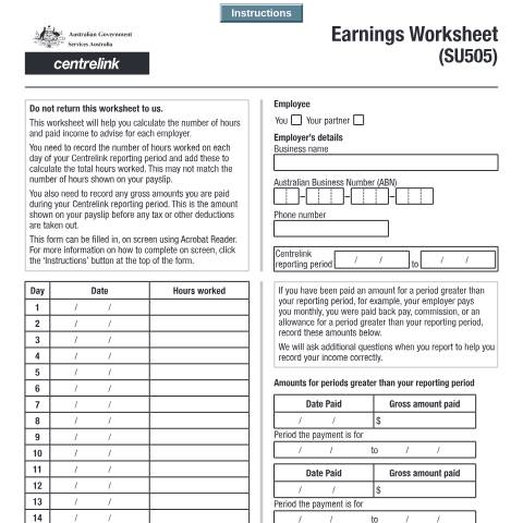Document preview: Earnings Worksheet — Services Australia — Individuals (by code), Australia (CERFA n°SU505)