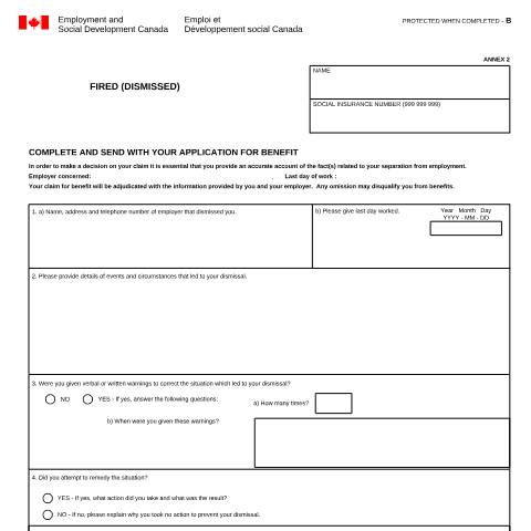 Document preview: Fired (Dismissed) — Employment Insurance, Canada (CERFA n°INS5110)