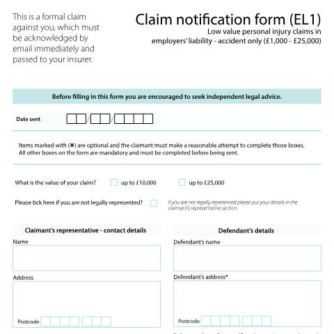 Document preview: Form EL1: Claim notification - Low value personal injury claims in employers' liability - accident only (£1,000 - £25,000) — HM Courts & Tribunals Service, United Kingdom