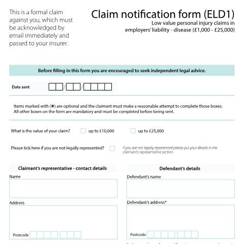 Document preview: Form ELD1: Claim notification form: Low value personal injury claims in employers' liability - disease (£1,000 - £25,000) — HM Courts & Tribunals Service, United Kingdom