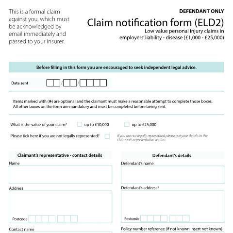 Document preview: Form ELD2: Claim notification - low value personal injury claims in employers' liability - disease (£1,000 - £25,000). Defendant only — HM Courts & Tribunals Service, United Kingdom