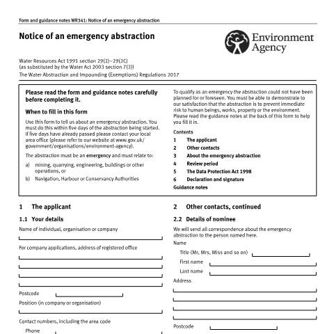 Document preview: Notice of emergency abstraction: form WR341 — Environment Agency, United Kingdom