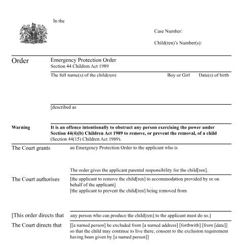 Document preview: Emergency Protection Order (Section 44 Children Act 1989): Form C23 — HM Courts & Tribunals Service, United Kingdom