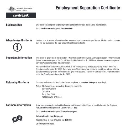 Document preview: Employment Separation Certificate — Services Australia — Individuals (by code), Australia (CERFA n°SU001)