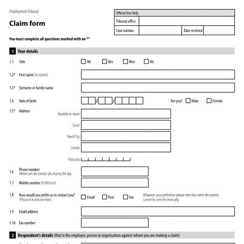Document preview: Make a claim with others to an employment tribunal: Form ET1A — HM Courts & Tribunals Service, United Kingdom
