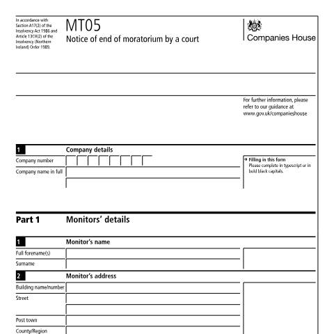 Document preview: End of moratorium by a court (MT05) — Companies House, United Kingdom