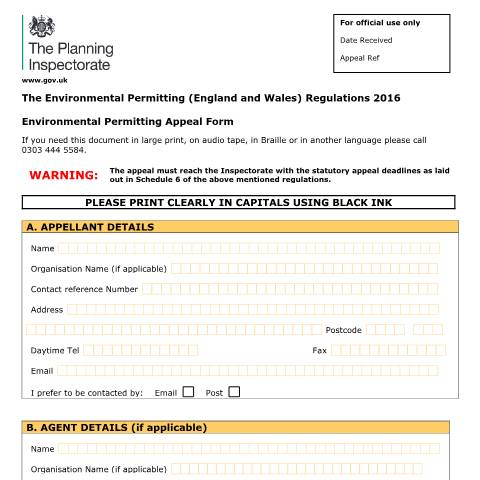 Document preview: Environmental permit: appeal form — Planning Inspectorate, United Kingdom
