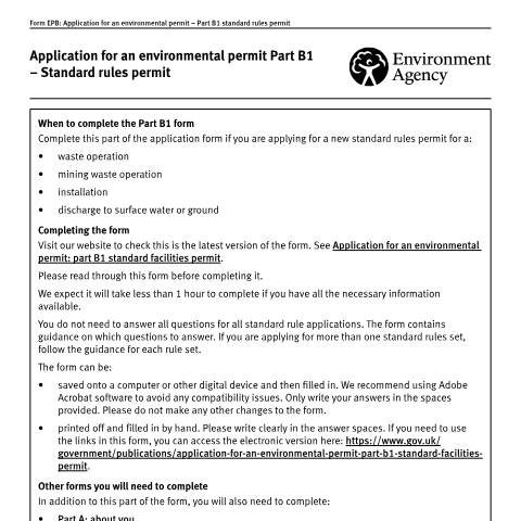 Document preview: Application for an environmental permit: part B1 standard rules permit — Environment Agency, United Kingdom