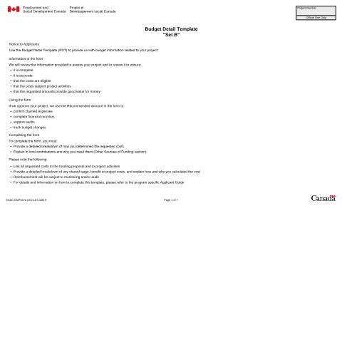 Document preview: BUDGET DETAIL TEMPLATE 'Set B' — Employment and Social Development Canada, Canada (CERFA n°ESDC-EMP5570)