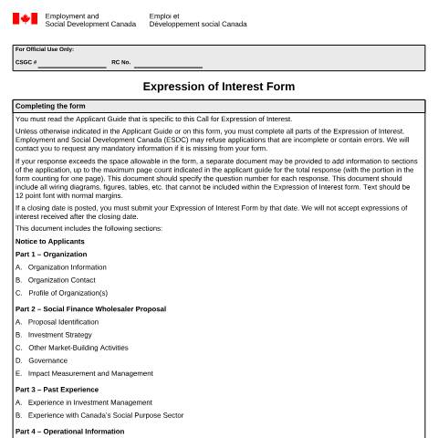 Document preview: Expression of Interest Form — Employment and Social Development Canada, Canada (CERFA n°EMP5683)