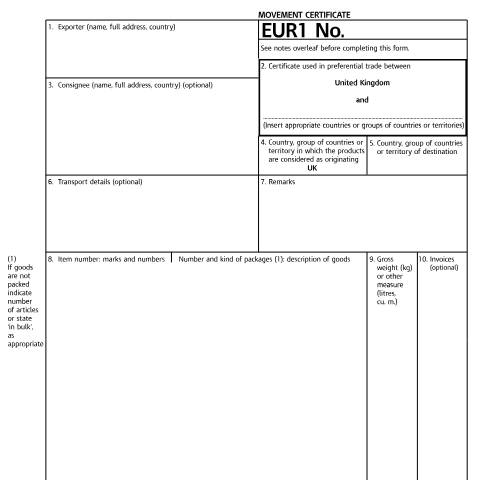 Document preview: EUR1 and EUR-MED movement certificate — HM Revenue & Customs, United Kingdom