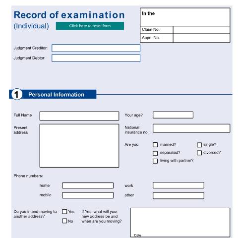 Document preview: Give a record of evidence (individual debtor): Form EX140 — HM Courts & Tribunals Service, United Kingdom