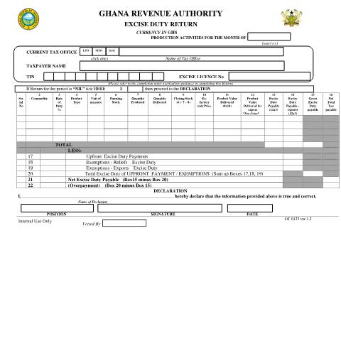 Document preview: Excise Duty Return Form — tax, Ghana (CERFA n°DT-0133)