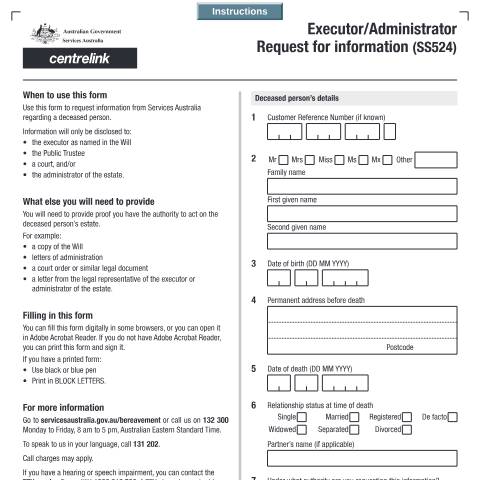 Document preview: Executor/Administrator Request for information — Services Australia — Individuals (by code), Australia (CERFA n°SS524)