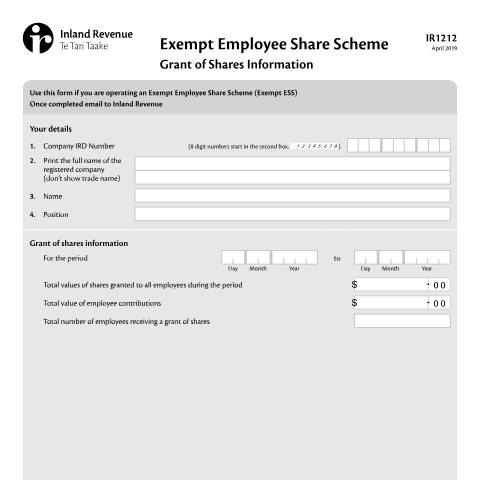Document preview: Exempt Employee Share Scheme — Employing staff, New Zealand (CERFA n°IR1212)