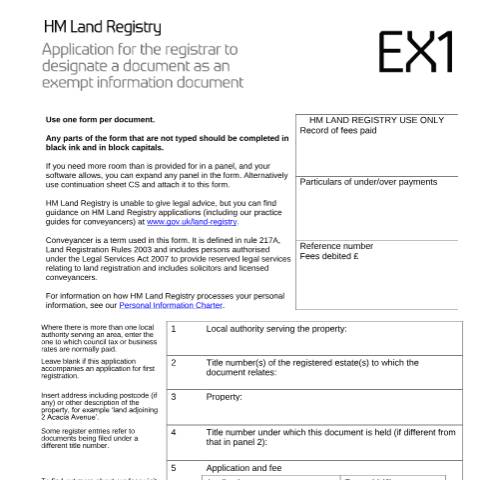 Document preview: Exempt information document: registration (EX1) — HM Land Registry, United Kingdom