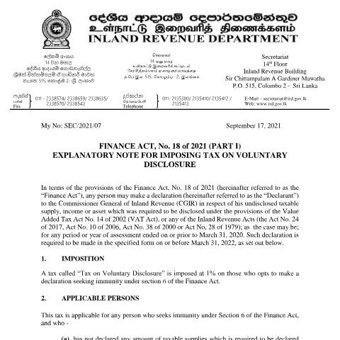 Document preview: Explanatory Note for Imposing Tax on Voluntary Disclosure — Tax on Voluntary Disclosure (TVD), Sri Lanka