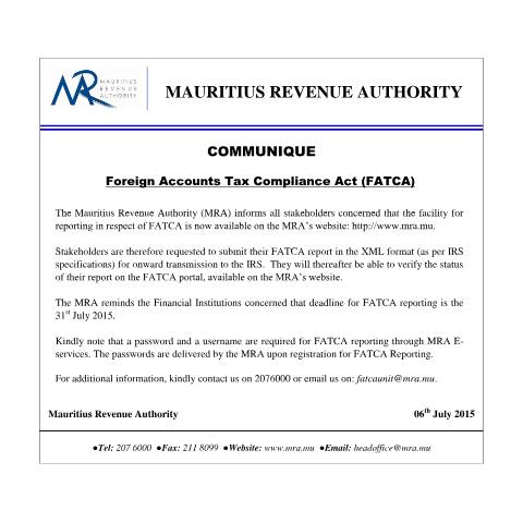 Document preview: Foreign Accounts Tax Compliance Act (FACTA) (06.07.15) — Act / Law, Mauritius (CERFA n°FATCA060715)