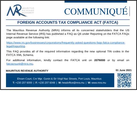 Document preview: Foreign Accounts Tax Compliance Act (FATCA) (01.06.21) — Act / Law, Mauritius (CERFA n°CommuniqueFATCA010621)