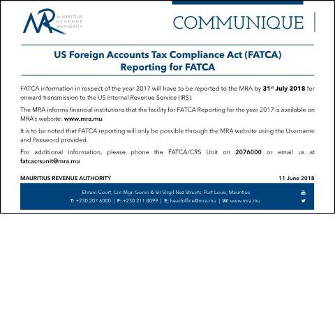 Document preview: Reporting of FATCA (11.06.18) — Publication, Mauritius (CERFA n°FATCA110618)