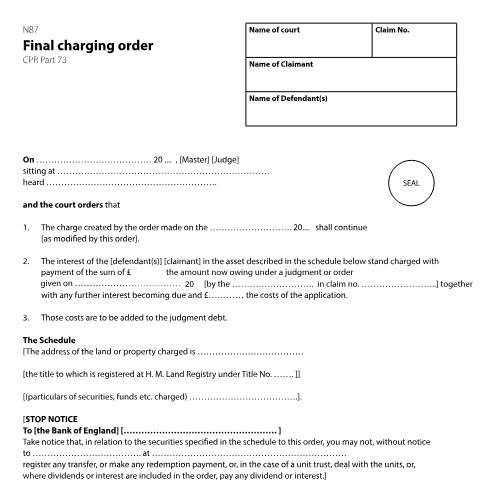Document preview: Issue a final charging order: Form N87 — HM Courts & Tribunals Service, United Kingdom