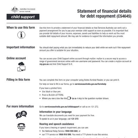 Document preview: Statement of financial details for debt repayment — Services Australia — Individuals (by code), Australia (CERFA n°CS4645)