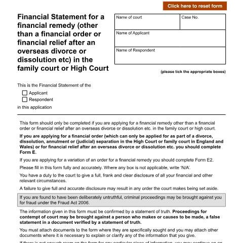 Document preview: Financial statement for a financial remedy in the family court or High Court: Form E1 — HM Courts & Tribunals Service, United Kingdom