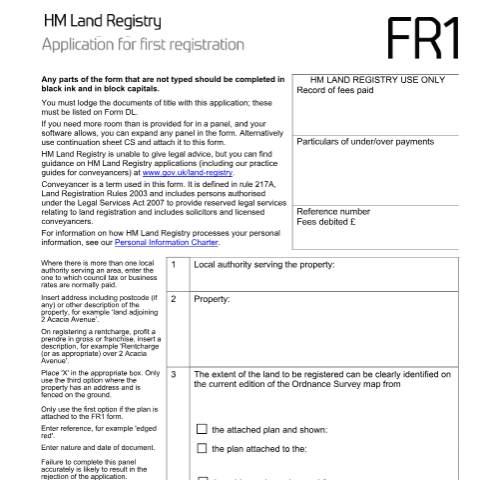 Document preview: First registration: application (FR1) — HM Land Registry, United Kingdom