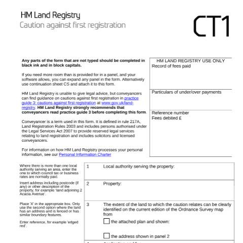 Document preview: First registration caution (CT1) — HM Land Registry, United Kingdom