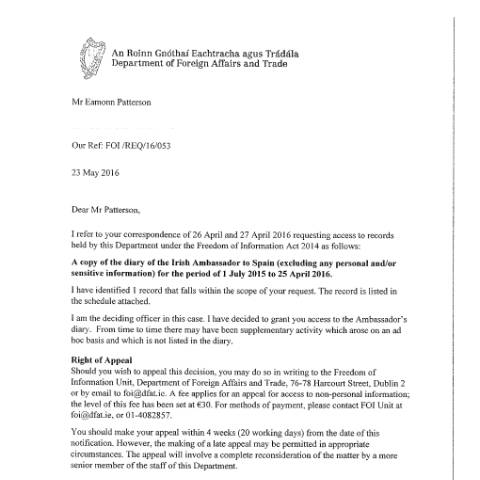 Document preview: FOI Request 16/053 — foi reply 16053 — Department of Foreign Affairs, Ireland