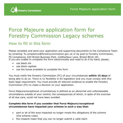 Document preview: Invoke the force majeure clause in your legacy scheme — Forestry Commission, United Kingdom