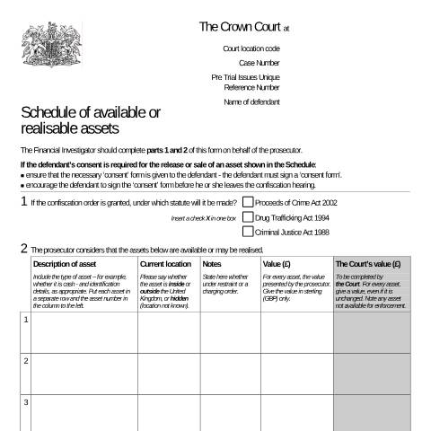 Document preview: Form 5050A: Make a schedule of available or realisable assets — HM Courts & Tribunals Service, United Kingdom