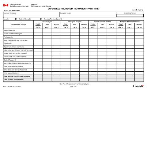 Document preview: Form 5B – Employees Promoted: Permanent Part-Time (Employment Equity Forms 2021) — Labour, Canada (CERFA n°LAB1202B)