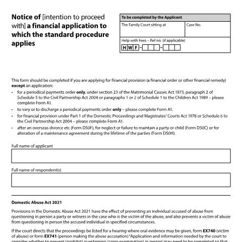 Document preview: Give notice of your intention to proceed with an application for a financial order: Form A — HM Courts & Tribunals Service, United Kingdom