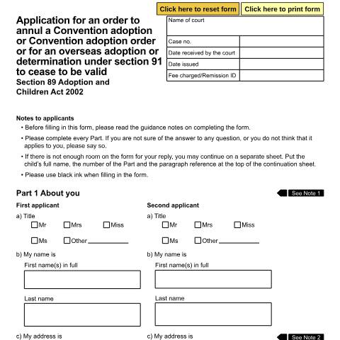 Document preview: Form A63: Application for an order to annul a Convention adoption or Convention adoption order or for an overseas adoption or determination under section 91 to cease to be valid. Section 89 Adoption and Children Act 2002 — HM Courts & Tribunals Service, United Kingdom