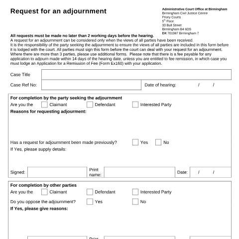 Document preview: Form AC001: Ask for a hearing to be adjourned - Birmingham — HM Courts & Tribunals Service, United Kingdom