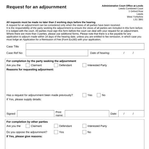 Document preview: Form AC001: Ask for a hearing to be adjourned - Leeds — HM Courts & Tribunals Service, United Kingdom