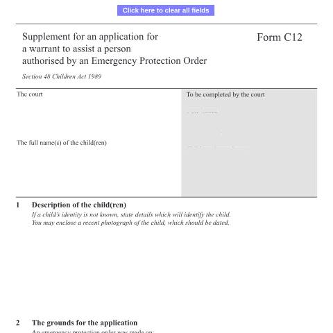 Document preview: Supplement for an application for a warrant to assist a person authorised by an emergency protection order: Form C12 — HM Courts & Tribunals Service, United Kingdom