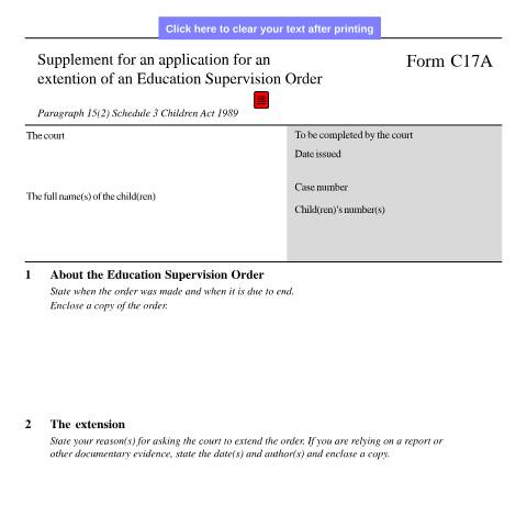 Document preview: Form C17A: Supplement for an application for an extension of an Education Supervision Order — HM Courts & Tribunals Service, United Kingdom