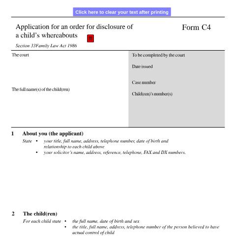Document preview: Form C4: Ask the court to order someone to give information about where a child is — HM Courts & Tribunals Service, United Kingdom