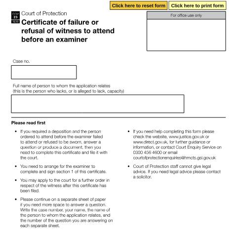 Document preview: Form COP23: Certificate of Failure or refusal of witness to attend before an examiner — HM Courts & Tribunals Service, United Kingdom