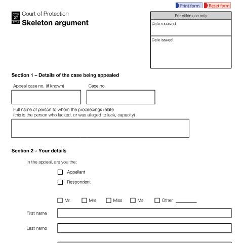 Document preview: Form COP37: Skeleton argument — HM Courts & Tribunals Service, United Kingdom