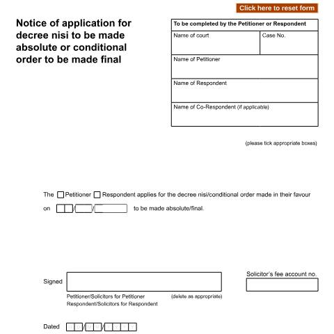 Document preview: Ask the court to make a decree nisi absolute, or a conditional order final (applications issued before April 2022): Form D36 — HM Courts & Tribunals Service, United Kingdom