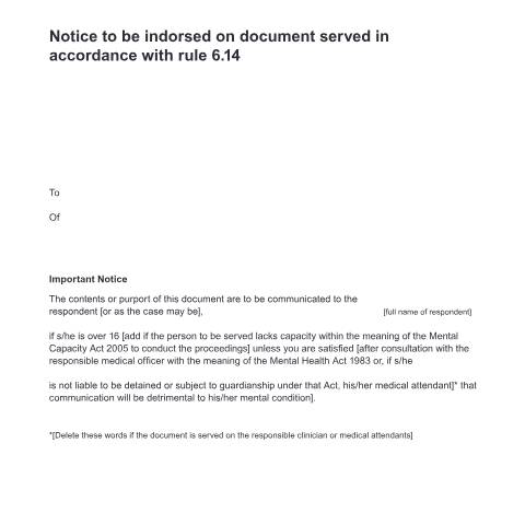 Document preview: Notice to be indorsed on document served in accordance with rule 6.14: Form D5 — HM Courts & Tribunals Service, United Kingdom