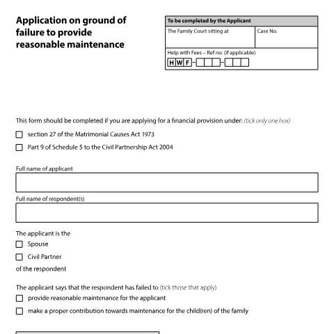 Document preview: Form D50C: Application on ground of failure to provide reasonable maintenance — HM Courts & Tribunals Service, United Kingdom