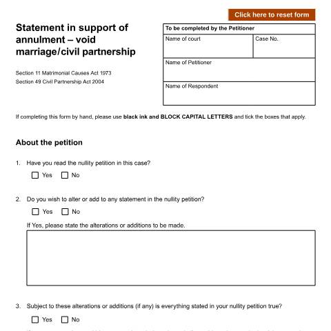 Document preview: Statement in support of annulment - void marriage / civil partnership: Form D80F — HM Courts & Tribunals Service, United Kingdom